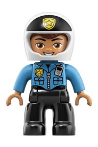 Duplo Figure Lego Ville, Male Police, Black Legs, Dark Azure Top with Badge and Radio, White Helmet with Black Front and Badge 47394pb261
