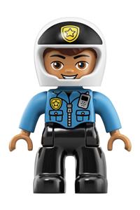 Duplo Male Police - Male police Duplo figure from Lego Ville, wearing black legs, dark azure top with badge, and white helmet with black front and badge - 47394pb261