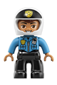 Male police Duplo figure from Lego Ville, wearing black legs, dark azure top with badge, and white helmet with black front and badge - 47394pb261