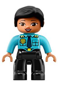 Duplo Female Police - Lego Ville Duplo figure, female police with black legs, medium azure top with badge and epaulets, and black hair - 47394pb262