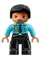 Lego Ville Duplo figure, female police with black legs, medium azure top with badge and epaulets, and black hair - 47394pb262