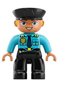 Duplo Male Police - Male police Duplo figure wearing black legs, medium azure top with badge and epaulets, black hat with yellow hair - 47394pb263