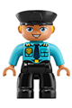 Duplo Figure Lego Ville, Male Police, Black Legs, Medium Azure Top with Badge and Epaulets, Black Hat with Yellow Hair - 47394pb263
