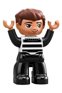 Duplo Figure Lego Ville, Male, Black Legs, Black and White Striped Top, Reddish Brown Hair 47394pb264