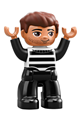 Male Duplo figure from Lego Ville with black legs, a black and white striped top, and reddish brown hair - 47394pb264