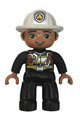 Lego Ville Duplo figure, male firefighter with black legs, striped jacket, white helmet with silver fire badge, green eyes, and stubble - 47394pb265