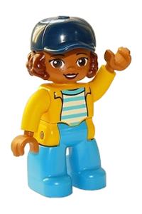 Duplo Figure Lego Ville, Female, Dark Azure Legs, White Top with Medium Azure Stripes and Yellow Jacket, Reddish Brown Hair and Dark Blue Cap 47394pb266