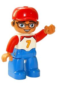Duplo Figure Lego Ville, Male, Blue Legs, White Top with Number 7 and Red Arms, Reddish Brown Hair, Red Cap 47394pb267
