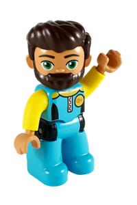 Duplo Male in Blue Overalls - Male Duplo figure from Lego Ville, with medium azure diving suit, yellow arms, reddish brown hair, and beard - 47394pb268