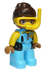 Duplo Figure Lego Ville, Female, Medium Azure Diving Suit, Yellow Arms, Reddish Brown Hair, Yellow Diving Mask 47394pb269