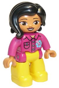 Duplo Figure Lego Ville, Female, Yellow Legs, Magenta Shirt  with Flower, Black Hair 47394pb271