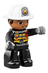 Duplo Figure Lego Ville, Male Firefighter, Black Legs, Black Jacket with Safety Harness, White Helmet with Silver Fire Badge and Radio, Brown Eyes 47394pb272