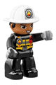 Duplo Figure Lego Ville, Male Firefighter, Black Legs, Black Jacket with Safety Harness, White Helmet with Silver Fire Badge and Radio, Brown Eyes - 47394pb272