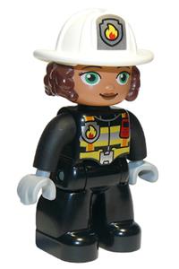 Duplo Figure Lego Ville, Female Firefighter, Black Legs, Black Jacket with Safety Harness, White Helmet with Silver Fire Badge and Radio, Green Eyes 47394pb273