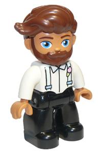 Duplo Figure Lego Ville, Male, Black Legs, White Top with Light Aqua Suspenders, Reddish Brown Hair, Beard 47394pb280