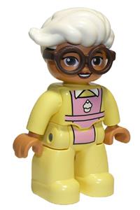 Duplo Figure Lego Ville, Female, Bright Light Yellow Suit with Bright Pink Apron, Reddish Brown Glasses, White Hair 47394pb283