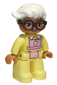 Duplo Figure Lego Ville, Female, Bright Light Yellow Suit with Bright Pink Apron, Reddish Brown Glasses, White Hair - 47394pb283