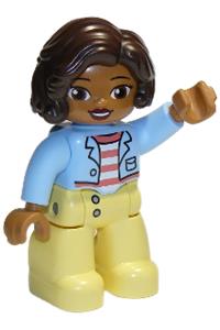 Duplo Figure Lego Ville, Female, Bright Light Yellow Legs, Bright Light Blue Top with Coral and White Stripes Shirt, Dark Brown Hair 47394pb284