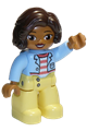 Duplo Figure Lego Ville, Female, Bright Light Yellow Legs, Bright Light Blue Top with Coral and White Stripes Shirt, Dark Brown Hair - 47394pb284