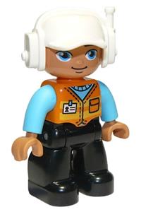 Duplo Figure Lego Ville, Male, Black Legs, Orange Vest with Badge and Pocket, Medium Azure Arms, White Cap with Headset 47394pb288
