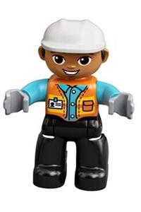 Duplo Male Construction Worker - Male Duplo figure wearing black legs, orange vest with badge, medium azure arms, light bluish gray hands, and a white construction helmet - 47394pb289