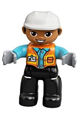 Duplo Figure Lego Ville, Male, Black Legs, Orange Vest with Badge and Pocket, Medium Azure Arms, Light Bluish Gray Hands, White Construction Helmet - 47394pb289