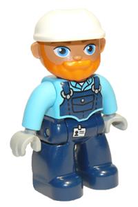 Duplo Male Worker - Male Duplo figure in Lego Ville theme with dark blue legs, medium azure top over dark blue overalls, orange beard, and white construction helmet - 47394pb290