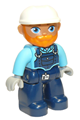 Duplo Figure Lego Ville, Male, Dark Blue Legs, Medium Azure Top with Dark Blue Overalls, White Construction Helmet, Orange Beard - 47394pb290