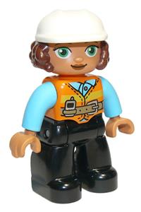 Duplo Figure Lego Ville, Female, Black Legs, Orange Vest with Belt and Telephone, Medium Azure Arms, Light Bluish Gray Hands, White Construction Helmet 47394pb291