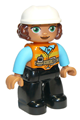 Duplo Figure Lego Ville, Female, Black Legs, Orange Vest with Belt and Telephone, Medium Azure Arms, Light Bluish Gray Hands, White Construction Helmet - 47394pb291