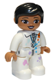 Duplo Figure Lego Ville, female, white suit with zipper, badge and color spots and black hair - 47394pb292