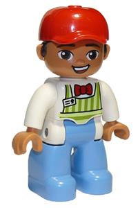Duplo Figure Lego Ville, Male, Medium Blue Legs, Lime Striped Apron, Red Bow Tie, Dark Brown Hair, Red Cap 47394pb294