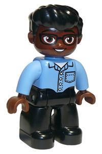 Duplo Figure Lego Ville, Male, Black Legs, Medium Blue Shirt with Pocket, Reddish Brown Head, Glasses, Black Hair Swept Forward, Oval Eyes 47394pb295