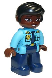 Duplo Figure Lego Ville, Female Police, Dark Blue Legs, Medium Azure Top with Badge and Epaulettes, Black Hair 47394pb296