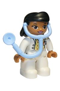 Duplo Figure Lego Ville, Female, Medic, White Legs, White Top with ID Badge, White Arms, Black Hair, Attached Stethoscope 47394pb299
