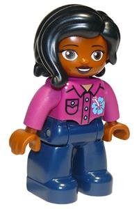 Duplo Female - Female Duplo figure from Lego Ville with dark blue legs, a magenta shirt with flower, and black hair - 47394pb300