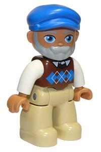Duplo Figure Lego Ville, Male, Tan Legs, Reddish Brown Argyle Sweater Vest, White Arms, Light Bluish Gray Beard, Blue Cap 47394pb301