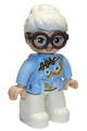 Duplo Figure Lego Ville, Female, White Legs, Bright Light Blue Top with White and Bright Light Orange Flowers, Dark Brown Glasses, White Hair - 47394pb303