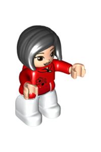 Duplo Figure Lego Ville, Female, White Legs, Red Top with Black Flowers, Black Hair 47394pb304