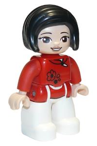 Duplo Female - Female Duplo figure from Lego Ville with white legs, wearing a red top with black flowers and black hair - 47394pb304
