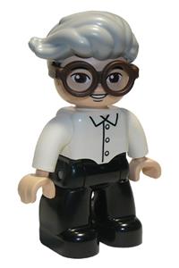 Duplo Grandpa - Male Duplo Figure from Lego Ville with black legs, white top, dark brown glasses, and light bluish gray hair - 47394pb305