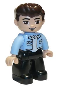 Duplo Male - Male Duplo Figure in Lego Ville theme wearing bright light blue top with white shirt, black legs, and dark brown hair - 47394pb306