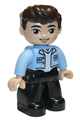 Duplo Figure Lego Ville, Male, Black Legs, Bright Light Blue Top with White Shirt, Dark Brown Hair - 47394pb306