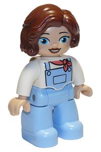 Duplo Female - Female Duplo Ville figure with reddish brown hair, bright light blue legs with overalls, and a white top - 47394pb307