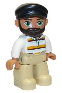 Duplo Male - Male Duplo figure from Lego Ville with tan legs, wearing a white top with stripes, a black cap, and a dark brown beard - 47394pb308