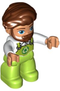 Duplo Male - Male Duplo figure from Lego Ville with lime legs wearing overalls with recycling logo, and reddish brown hair and beard - 47394pb314