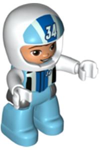 Duplo Figure Lego Ville, Male, Medium Azure Legs, White Race Top and Helmet with Number 34 Pattern 47394pb315