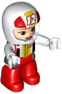 Duplo Figure Lego Ville, Female, Red Legs, White Race Top and Helmet with Number 12 Pattern 47394pb316