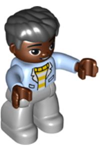 Duplo Figure Lego Ville, Male, Light Bluish Gray Legs, White and Yellow Top with Bright Light Blue Jacket, Black Hair 47394pb317