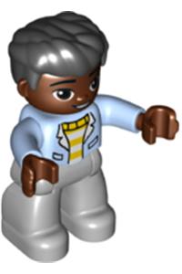 Duplo Male - Male Duplo Figure from Lego Ville with light bluish gray legs, white and yellow top, a bright light blue jacket, and black hair - 47394pb317